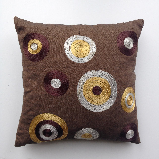 CUSHION, Brown w Embroidered Circles